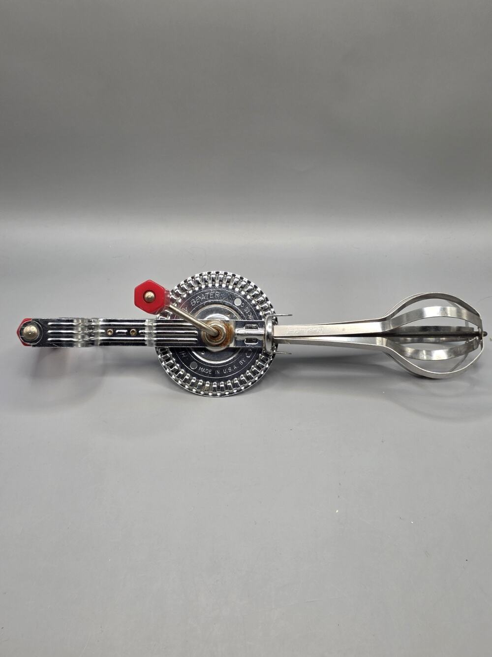 Vintage EKCO High Speed Egg Beater Red Bakelite Handles Stainless Hand Mixer